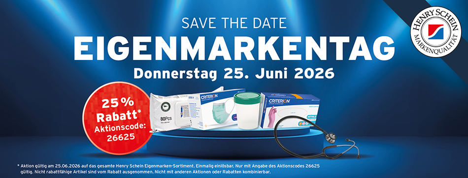 Save the Date Eigenmarkentag - Donnerstag, 25. Juni 2026, 25 % Rabatt auf das gesamte Henry Schein Eigenmarkensortiment. Aktionscode: 26625